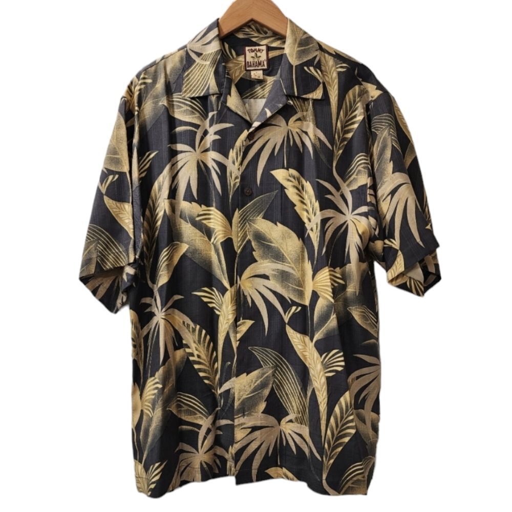 Tommy Bahama Silk Shirt Size Medium Black Green Tropical Leaves Foliage